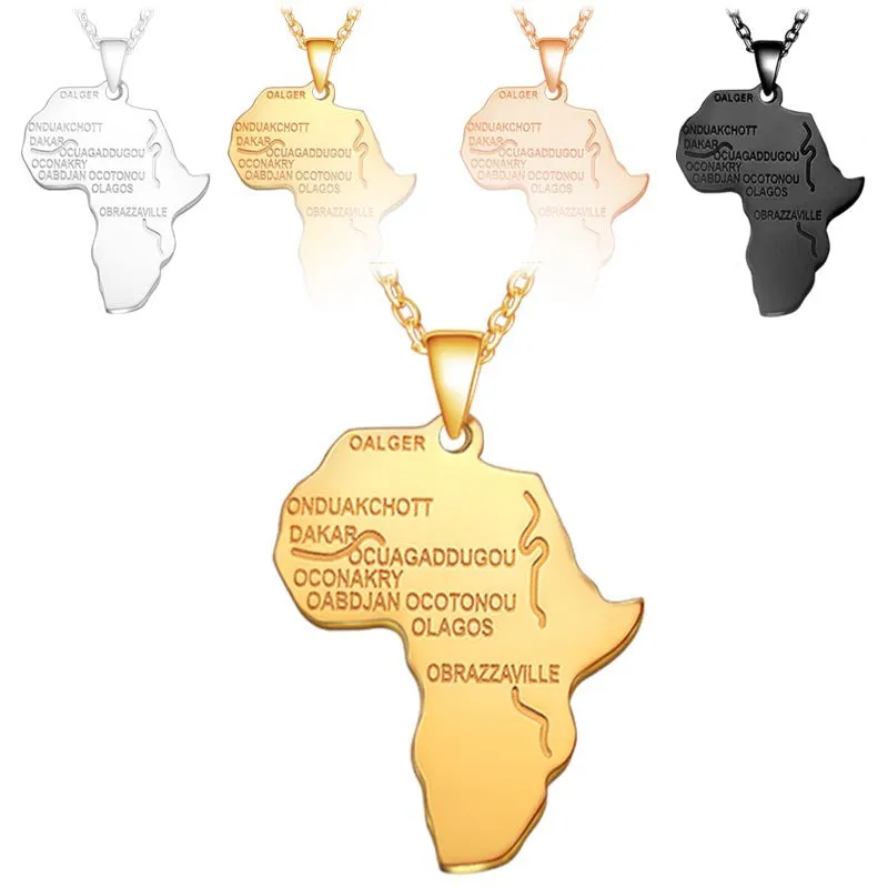 SISSLIA Africa Map Pendant Necklace Women Men Stainless Steel Long Chain Letter Necklace Jewelry