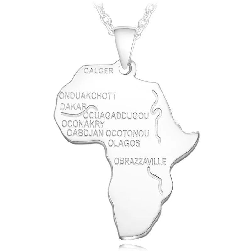 SISSLIA Africa Map Pendant Necklace Women Men Stainless Steel Long Chain Letter Necklace Jewelry