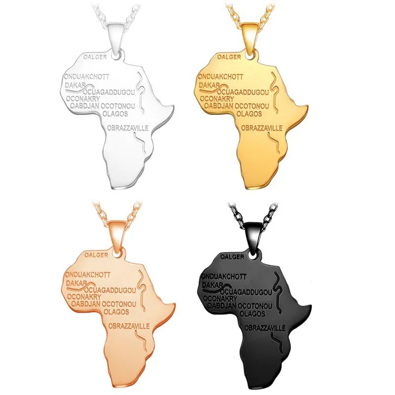 SISSLIA Africa Map Pendant Necklace Women Men Stainless Steel Long Chain Letter Necklace Jewelry