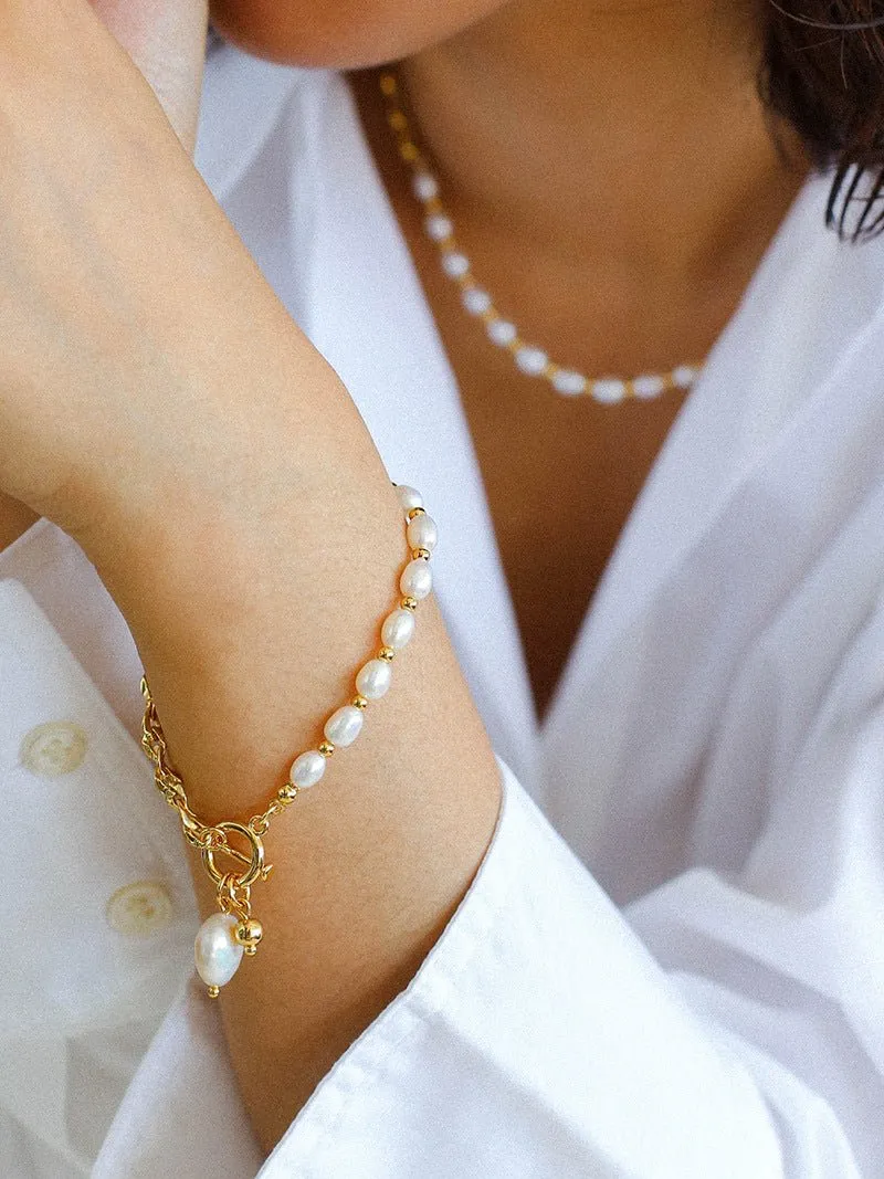 Spliced Chain Pearl Y Gold Bracelets