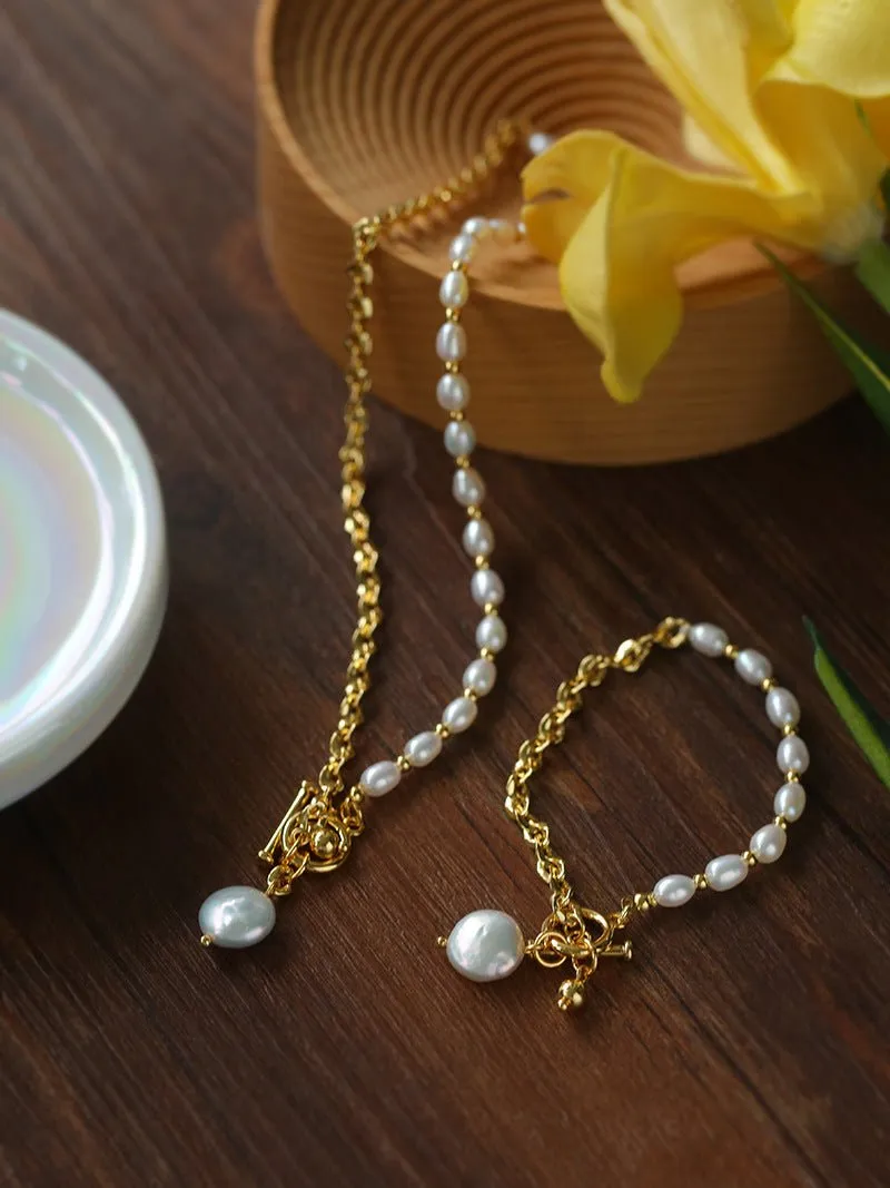 Spliced Chain Pearl Y Gold Bracelets