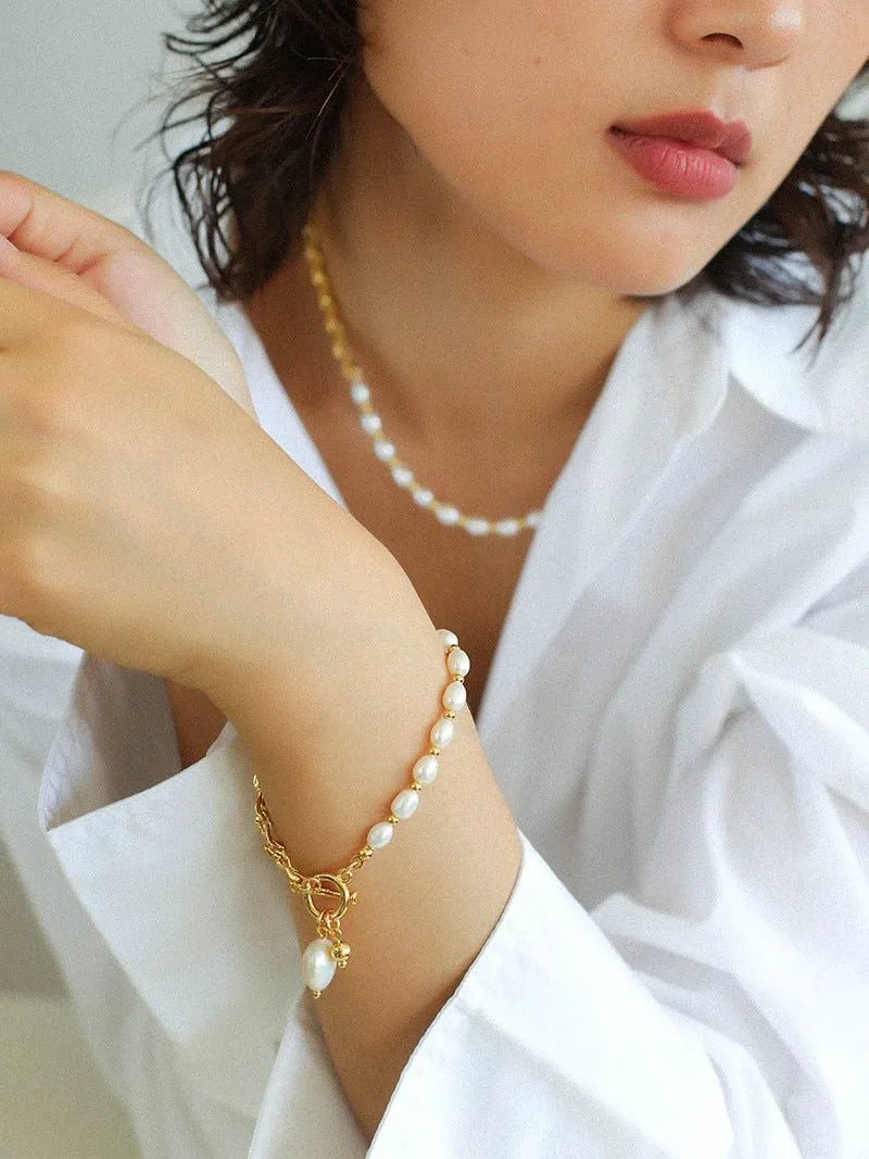 Spliced Chain Pearl Y Gold Bracelets