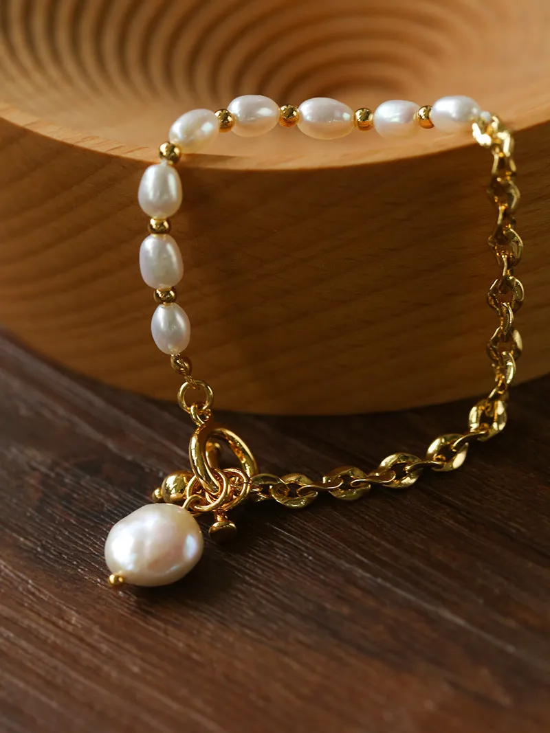 Spliced Chain Pearl Y Gold Bracelets