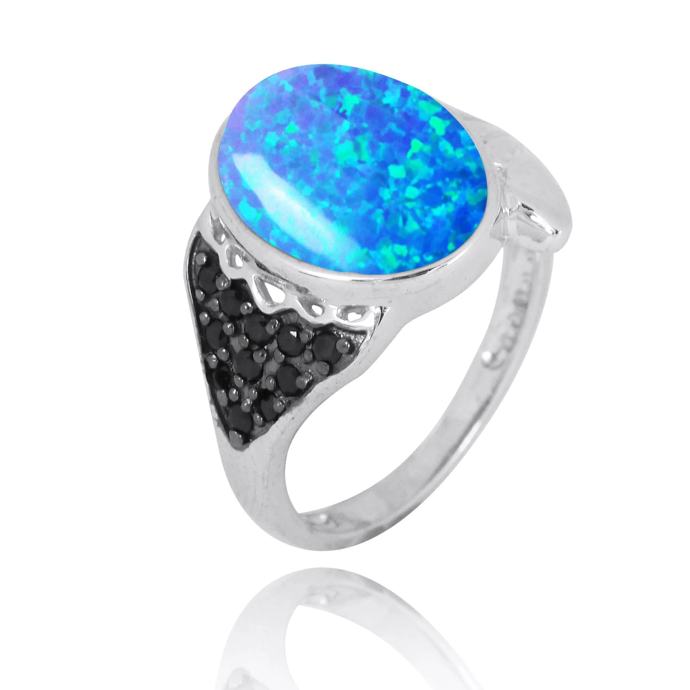 Sterling Silver Fin Ring with Blue Opal and Black Spinel