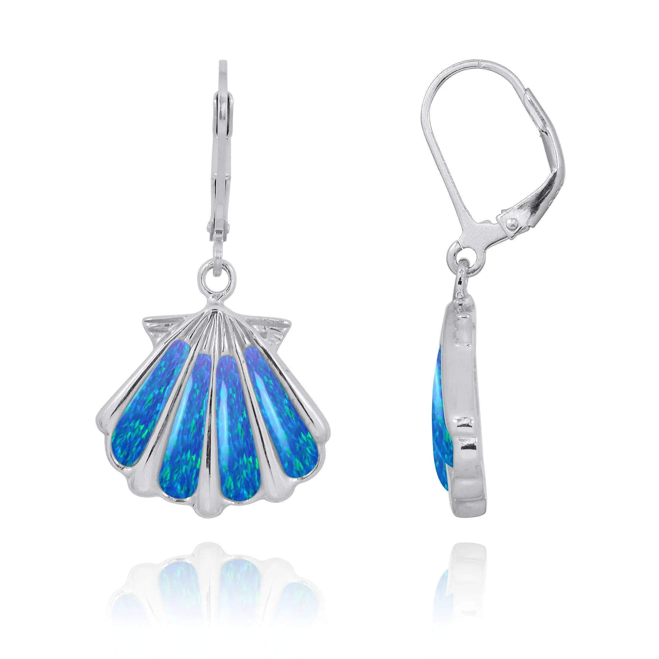 Sterling Silver Shell with Blue Opal Lever Back Earrings