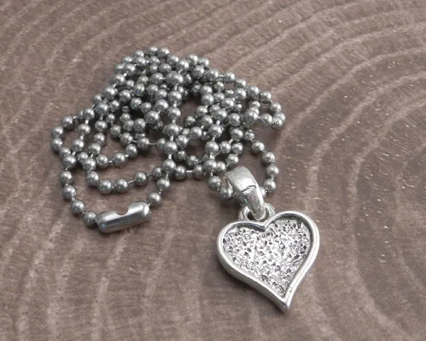 Textured Heart Pendant on Stainless Steel Thin Curb Chain Necklace