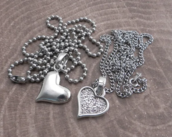 Textured Heart Pendant on Stainless Steel Thin Curb Chain Necklace