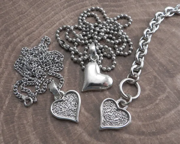 Textured Heart Pendant on Stainless Steel Thin Curb Chain Necklace