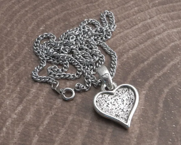 Textured Heart Pendant on Stainless Steel Thin Curb Chain Necklace