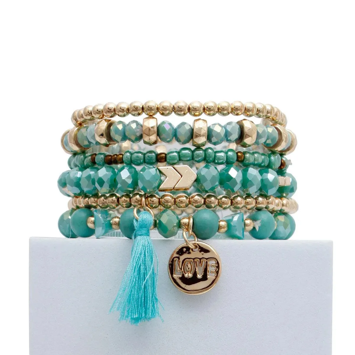 Turquoise-blue Stretch Bracelet Set Tassel Love Charm