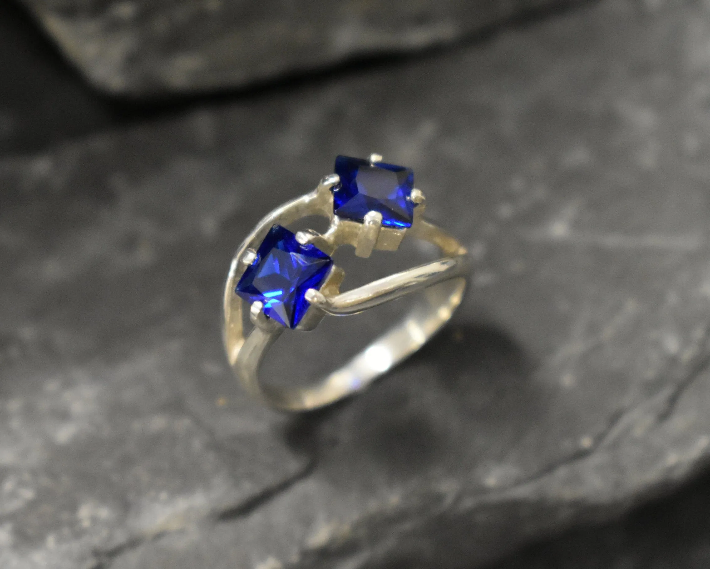 Twin Sapphire Ring -  Blue Asymmetric Ring, Two Stone Ring