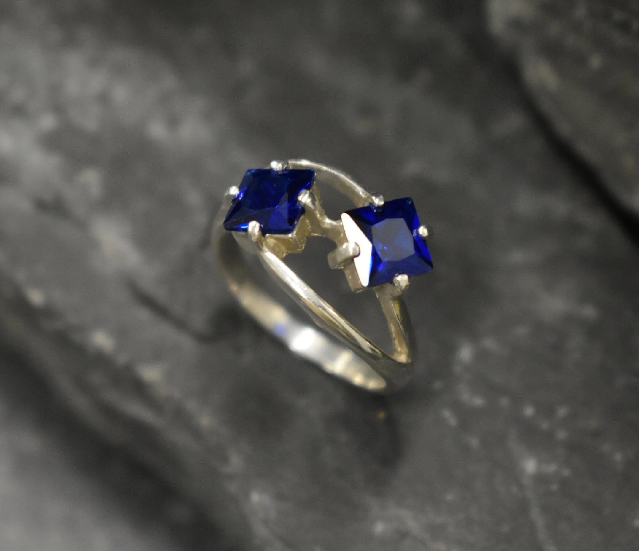 Twin Sapphire Ring -  Blue Asymmetric Ring, Two Stone Ring