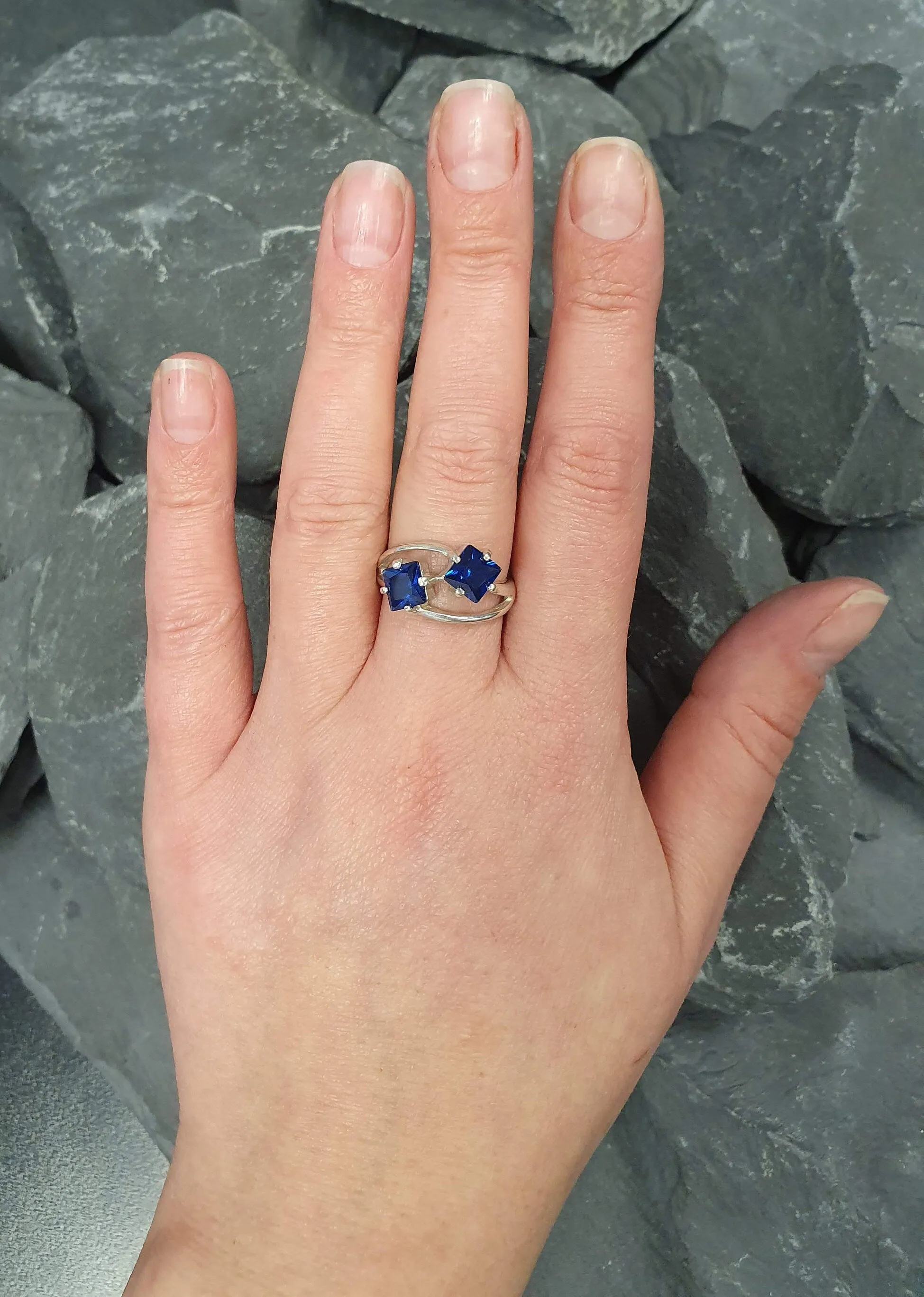 Twin Sapphire Ring -  Blue Asymmetric Ring, Two Stone Ring