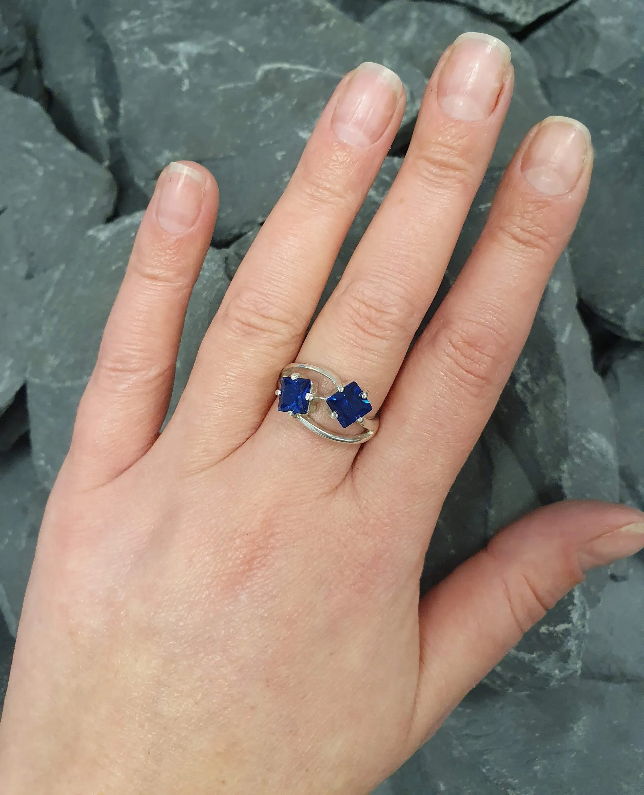 Twin Sapphire Ring -  Blue Asymmetric Ring, Two Stone Ring