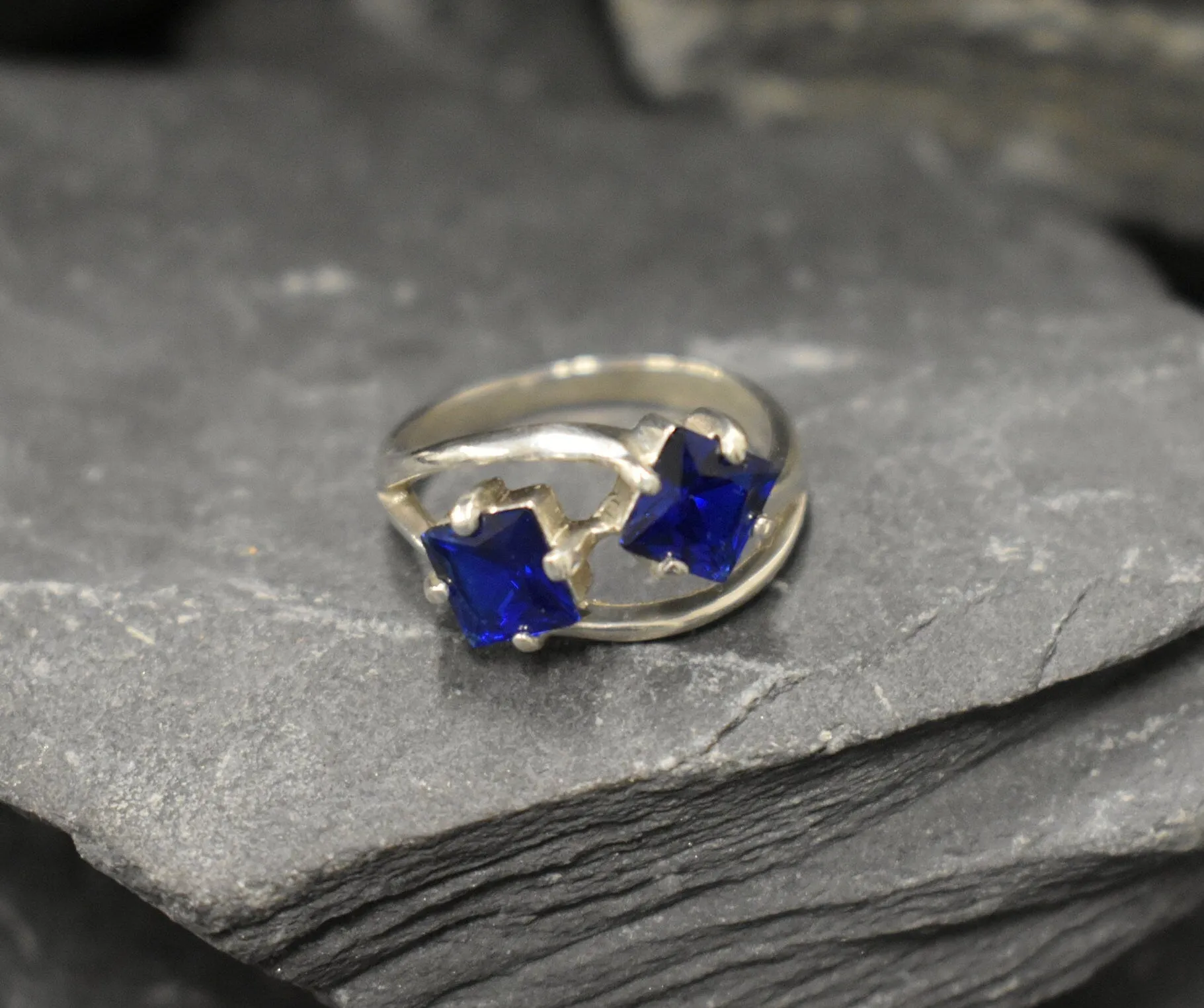 Twin Sapphire Ring -  Blue Asymmetric Ring, Two Stone Ring