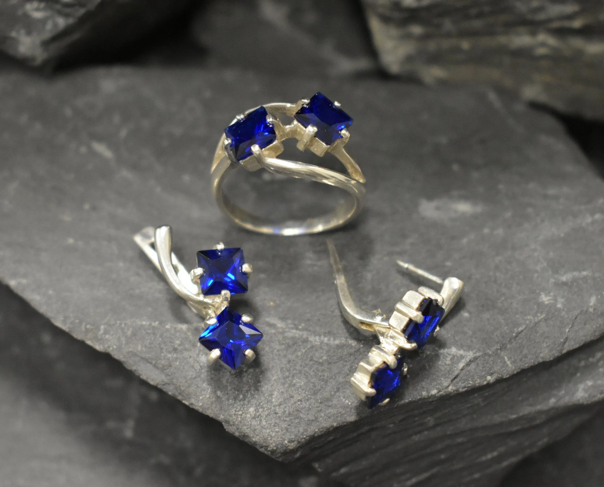 Twin Sapphire Ring -  Blue Asymmetric Ring, Two Stone Ring