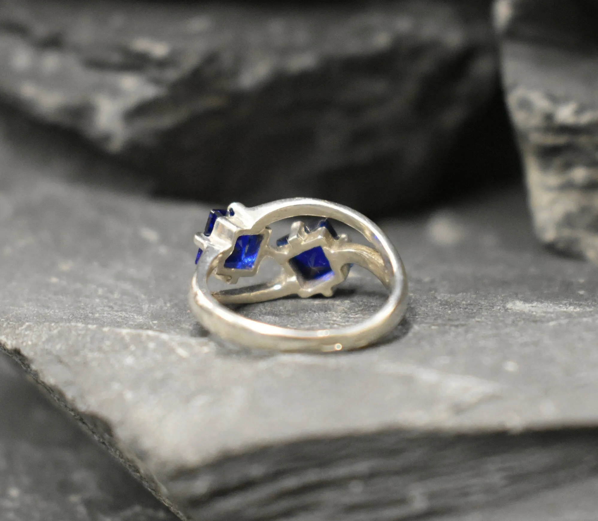 Twin Sapphire Ring -  Blue Asymmetric Ring, Two Stone Ring