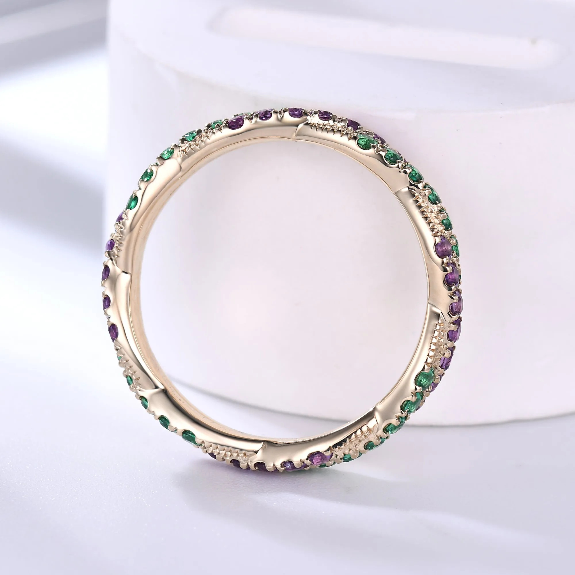 Twisted Emerald Amethyst Yellow Gold Wedding Band Full Eternity Ring For Women