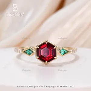 Unique Hexagon Garnet and Emerald Engagement RIng Bezel Set Rose Gold