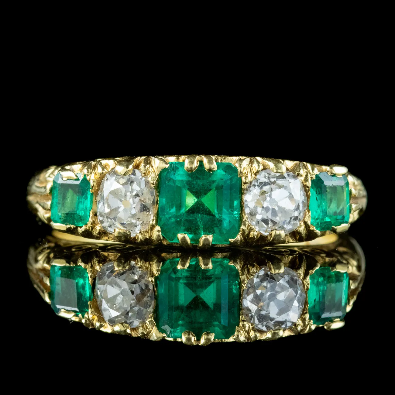 Victorian Style Emerald Diamond Five Stone Ring 1ct Emerald