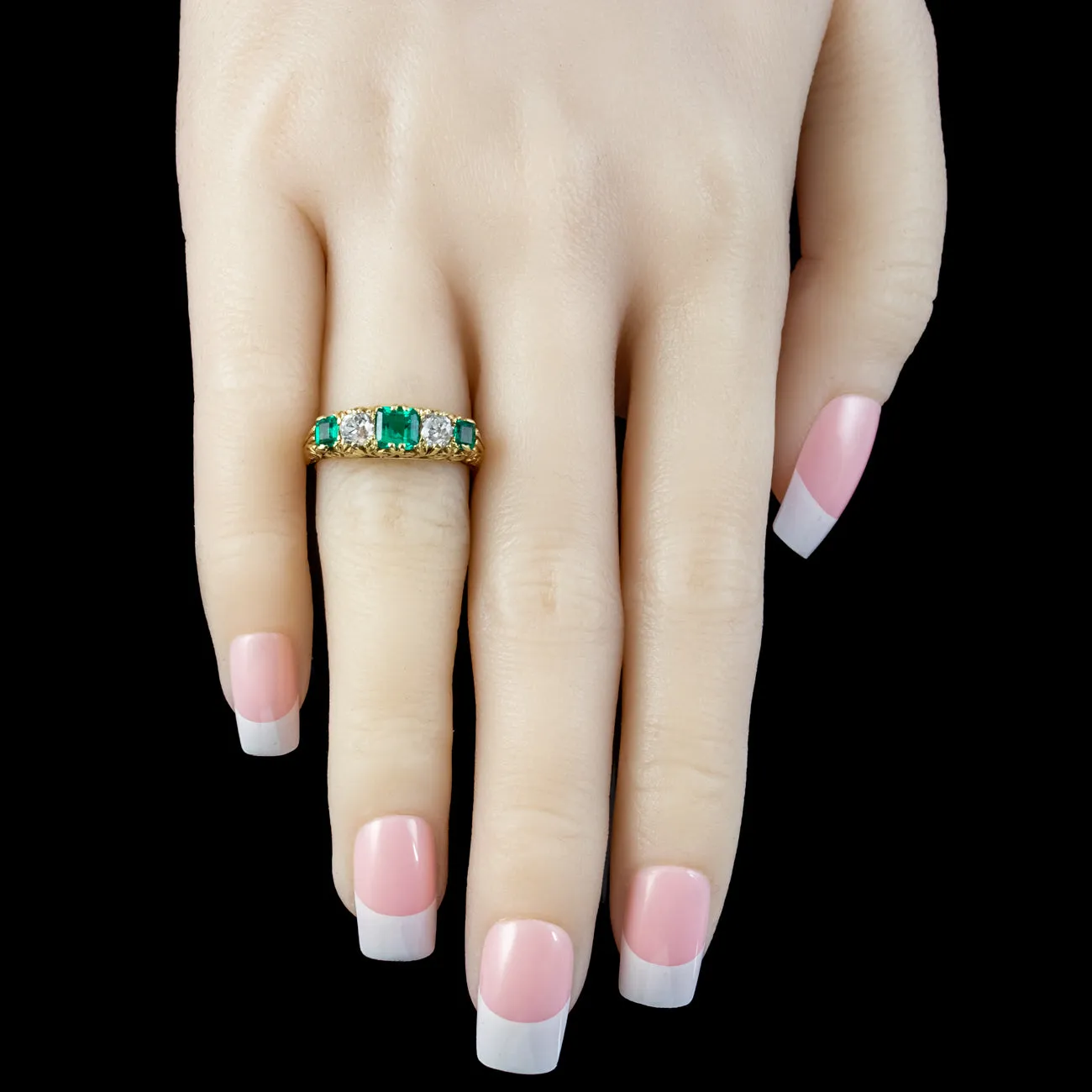 Victorian Style Emerald Diamond Five Stone Ring 1ct Emerald