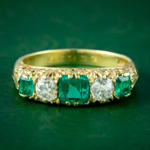 Victorian Style Emerald Diamond Five Stone Ring 1ct Emerald