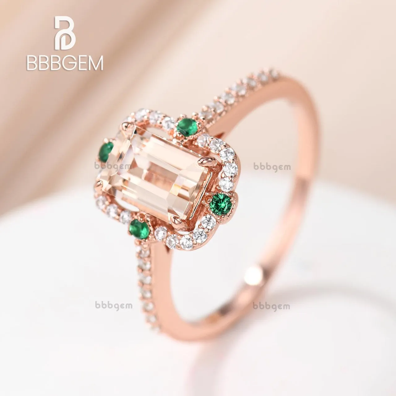 Vintage Emerald Step Cut Peachy Pink Morganite Rose Gold Ststement Ring With 4 Emerald Accents