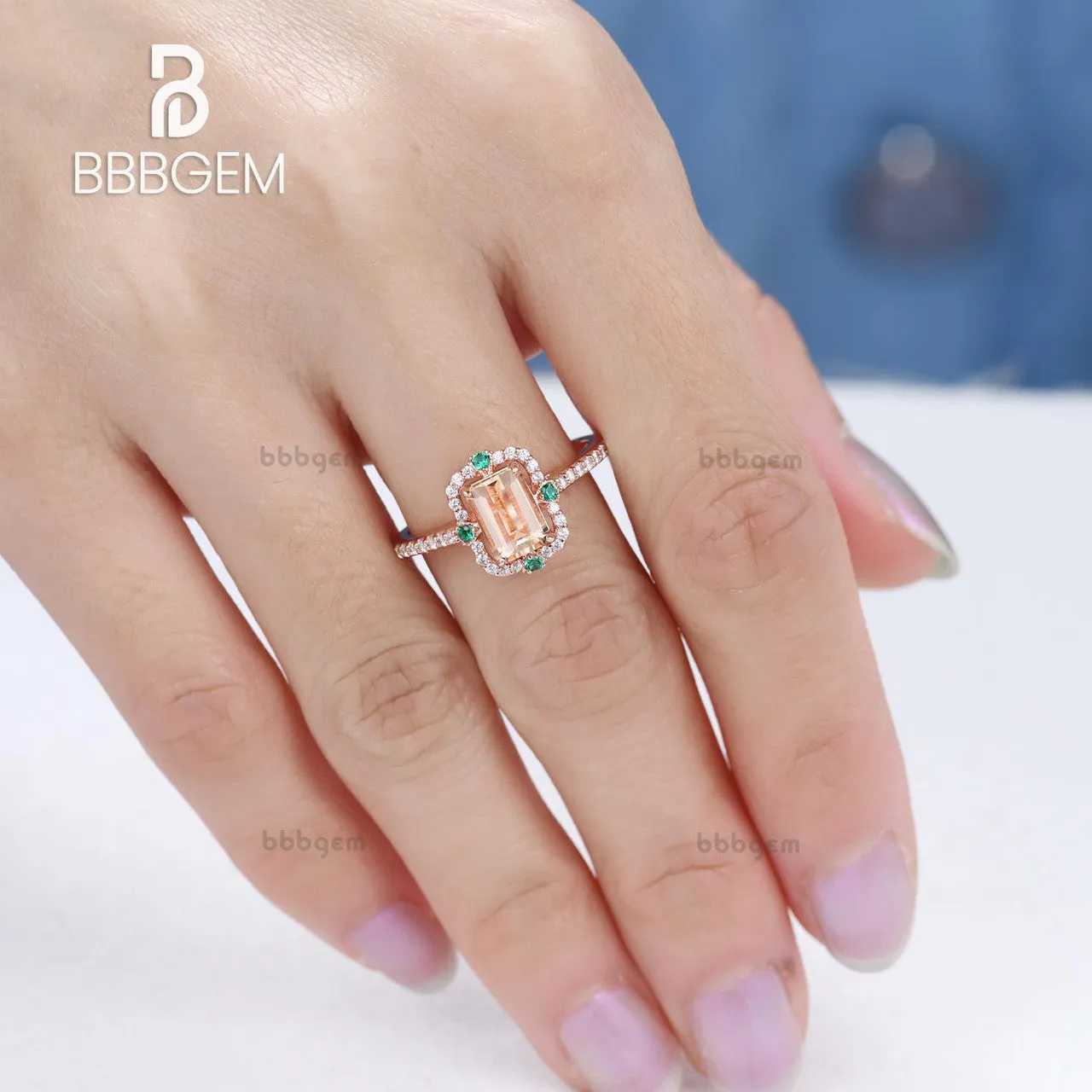 Vintage Emerald Step Cut Peachy Pink Morganite Rose Gold Ststement Ring With 4 Emerald Accents