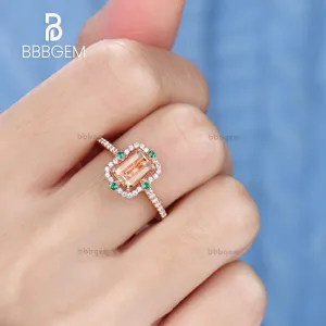 Vintage Emerald Step Cut Peachy Pink Morganite Rose Gold Ststement Ring With 4 Emerald Accents