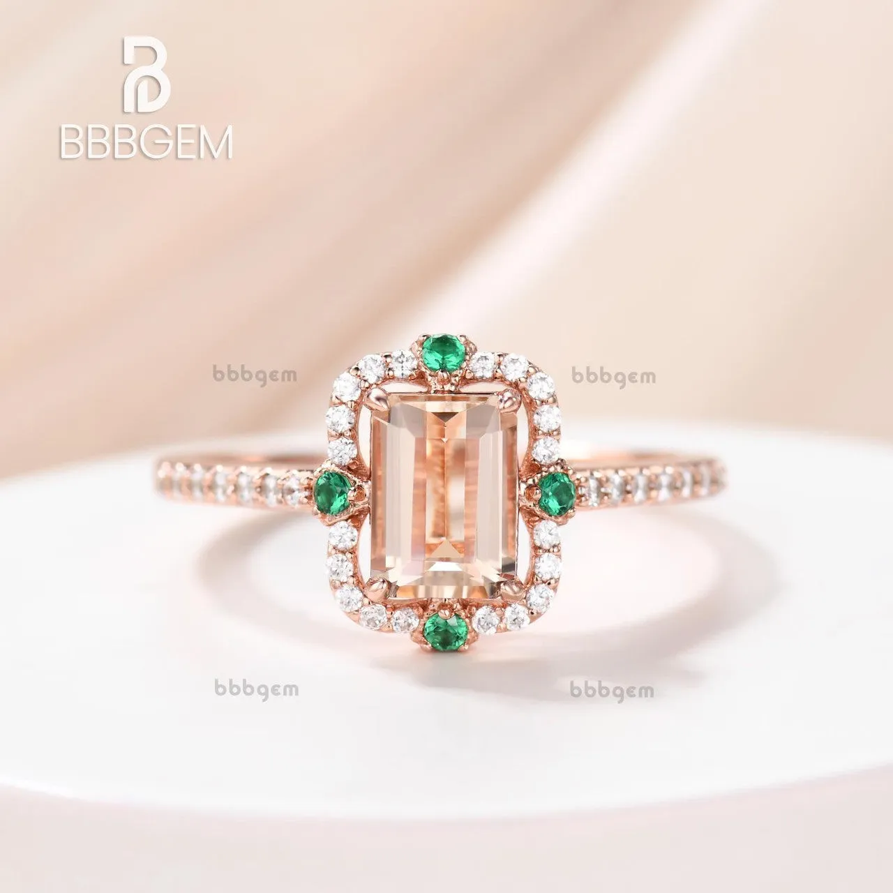 Vintage Emerald Step Cut Peachy Pink Morganite Rose Gold Ststement Ring With 4 Emerald Accents