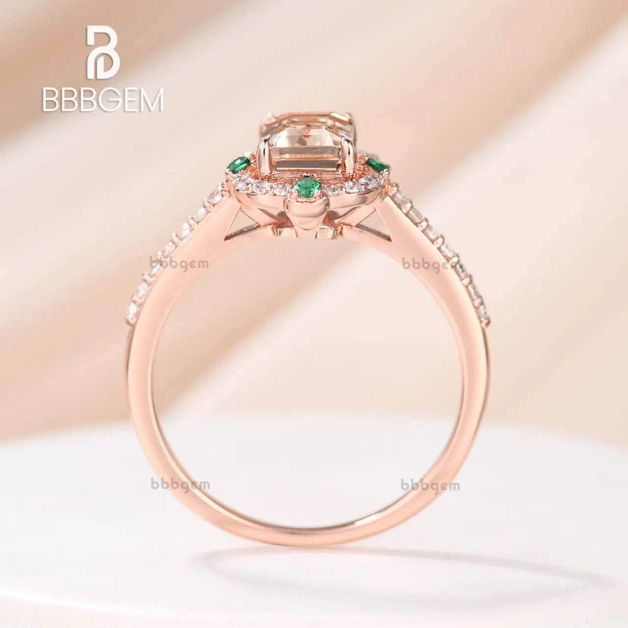 Vintage Emerald Step Cut Peachy Pink Morganite Rose Gold Ststement Ring With 4 Emerald Accents