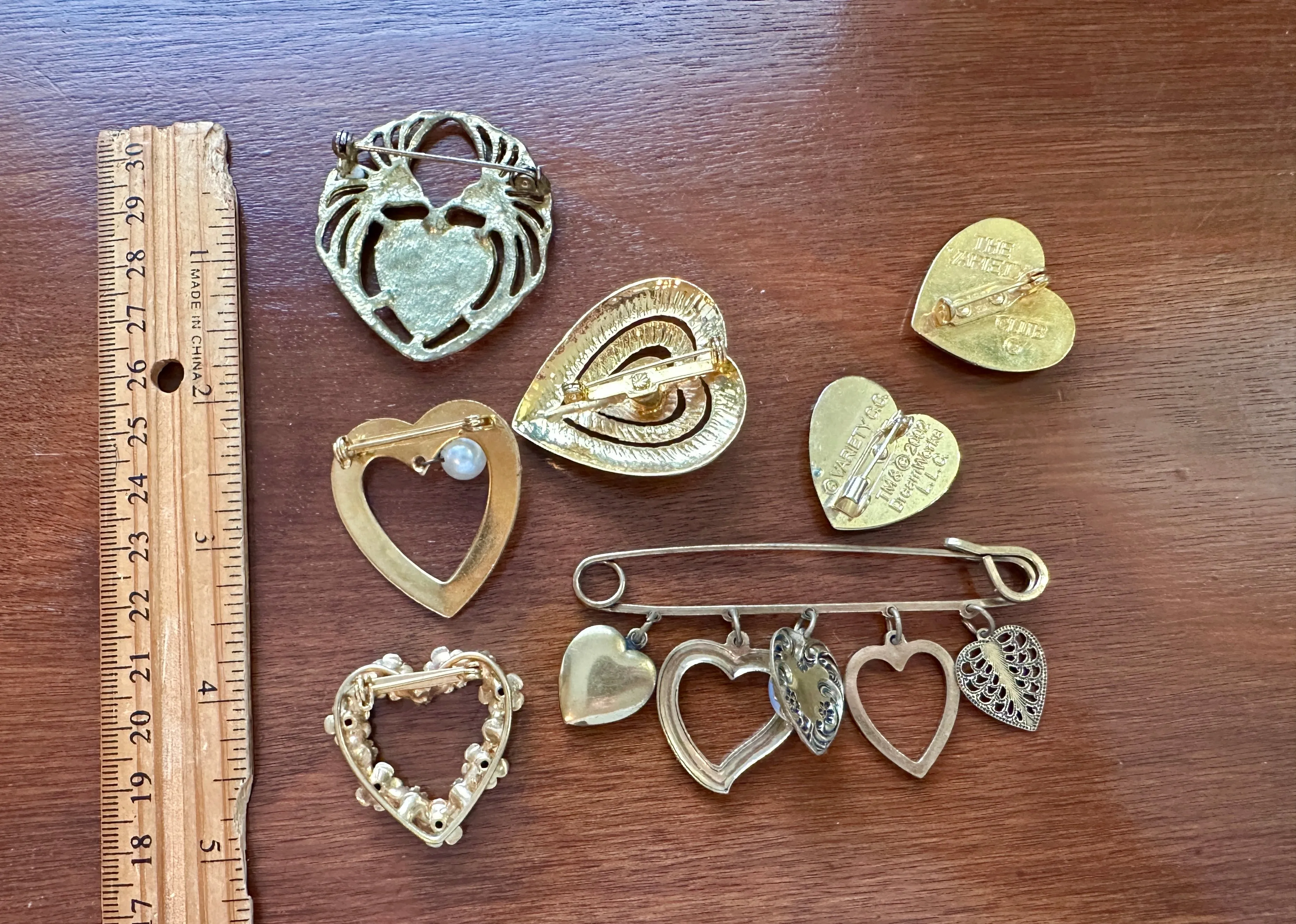 Vintage Gold Tone Heart Shaped Brooch Brooches Pin Lot Dangly Cabochon Rose More