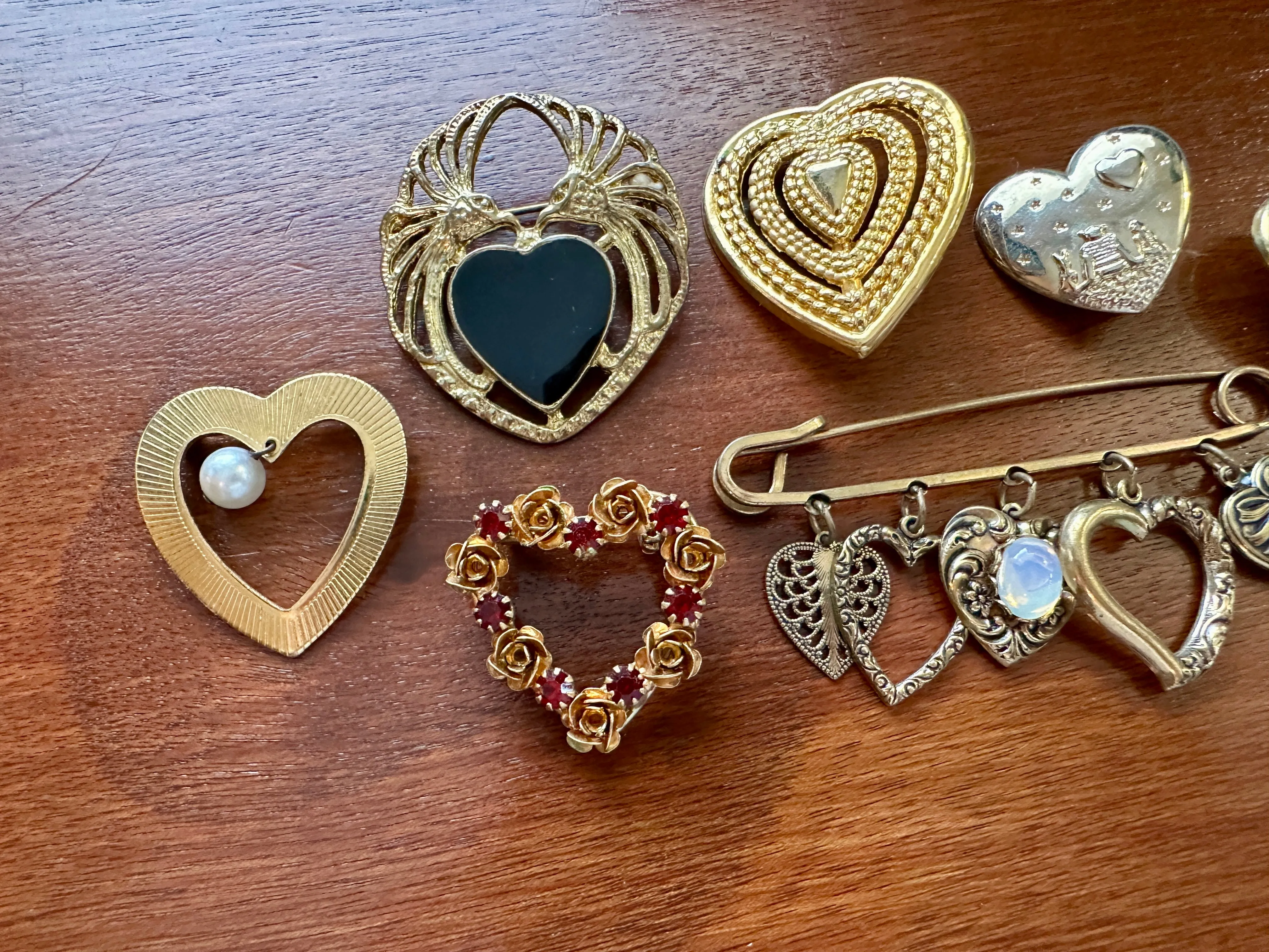 Vintage Gold Tone Heart Shaped Brooch Brooches Pin Lot Dangly Cabochon Rose More