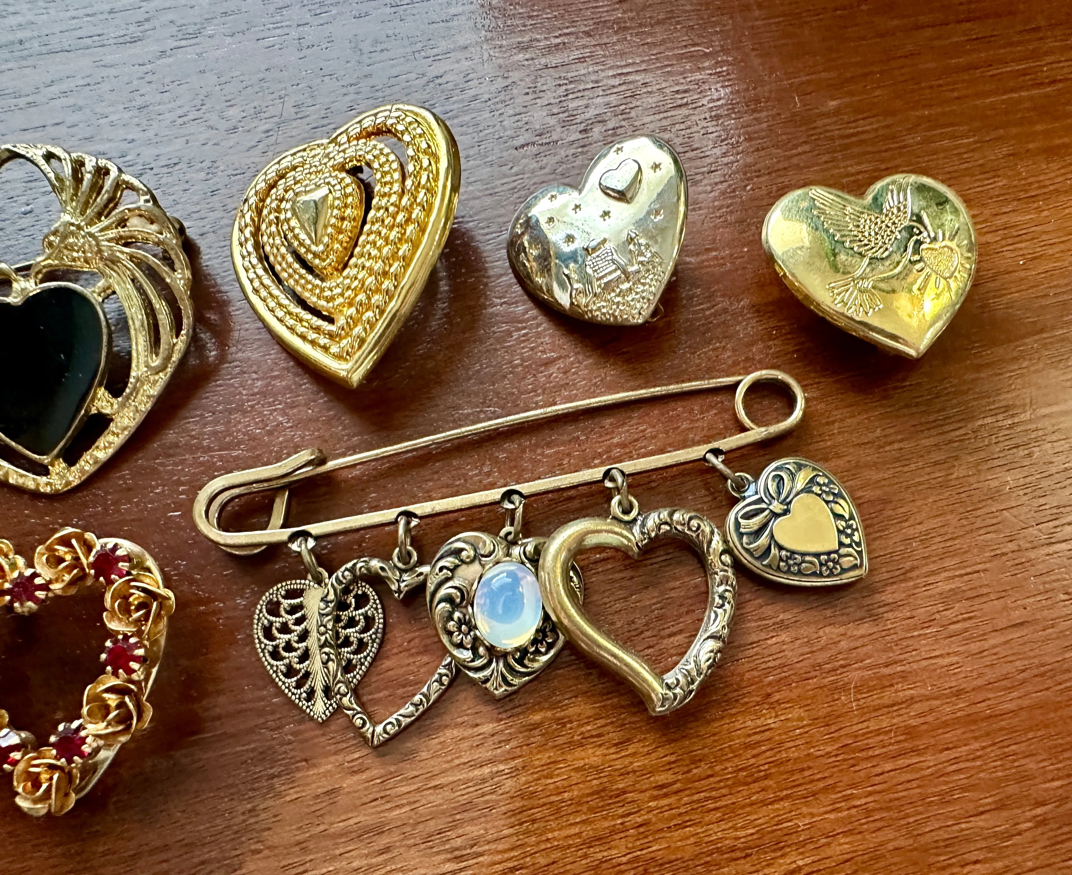 Vintage Gold Tone Heart Shaped Brooch Brooches Pin Lot Dangly Cabochon Rose More