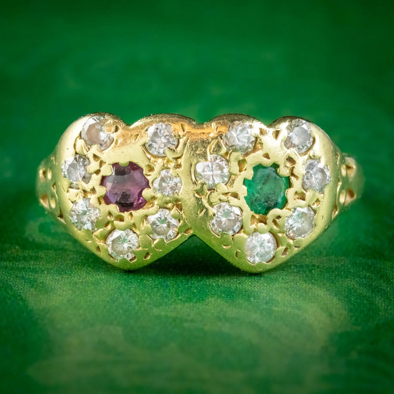 Vintage Ruby Emerald Diamond Double Heart Ring 18ct Gold Dated 1979