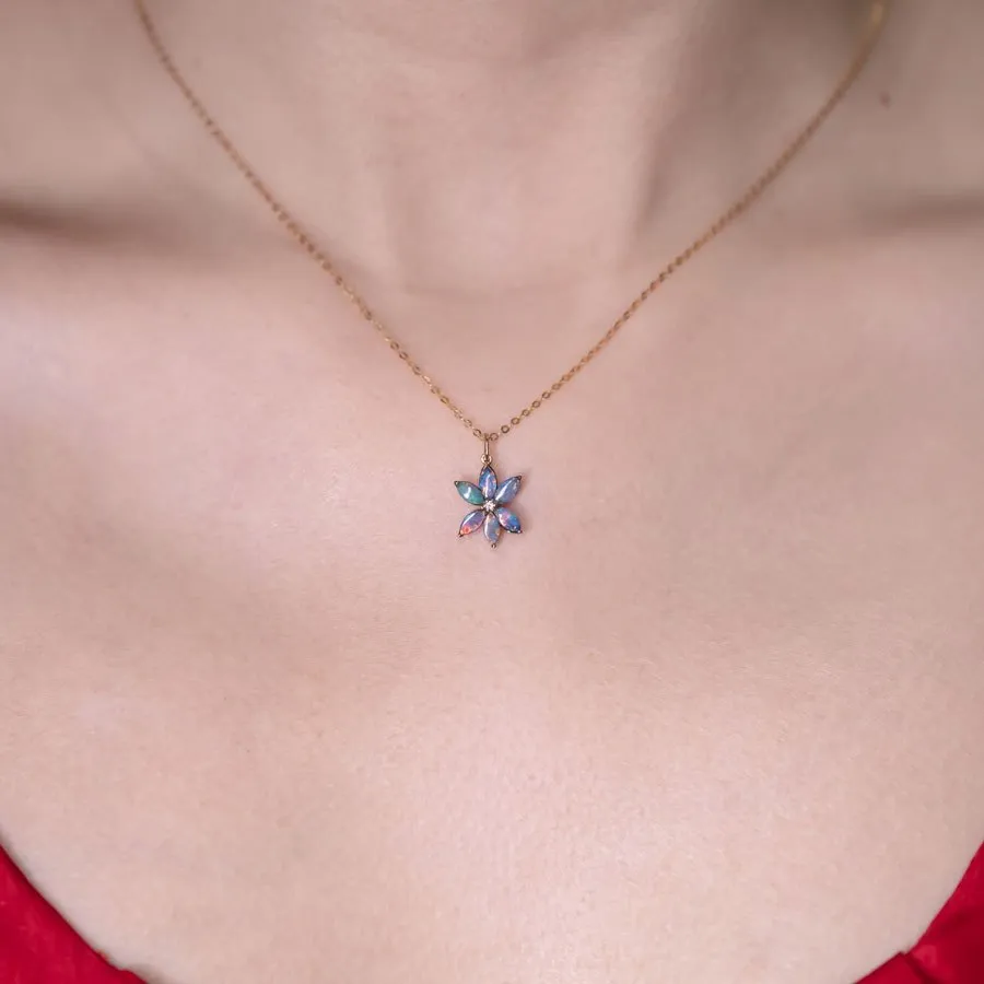 Water Lily Doublet Opal Diamond Pendant Necklace 18K Yellow Gold