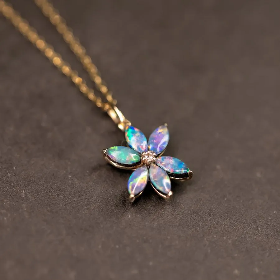 Water Lily Doublet Opal Diamond Pendant Necklace 18K Yellow Gold