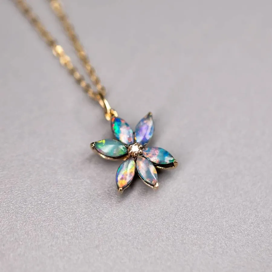 Water Lily Doublet Opal Diamond Pendant Necklace 18K Yellow Gold