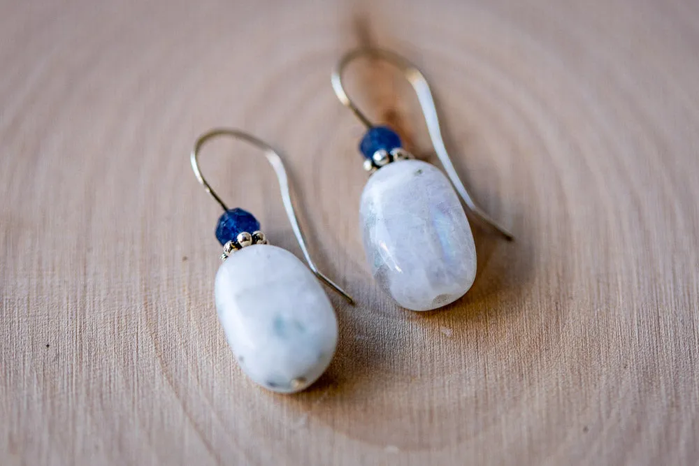 White Moonstone, Sapphire & Sterling Silver Earrings