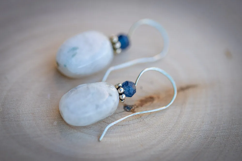 White Moonstone, Sapphire & Sterling Silver Earrings