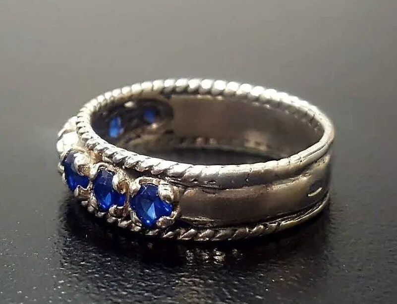 Wide Sapphire Band - Blue Half Eternity Ring - Vintage Stackable Ring