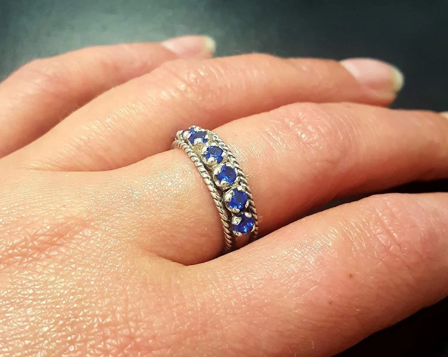 Wide Sapphire Band - Blue Half Eternity Ring - Vintage Stackable Ring