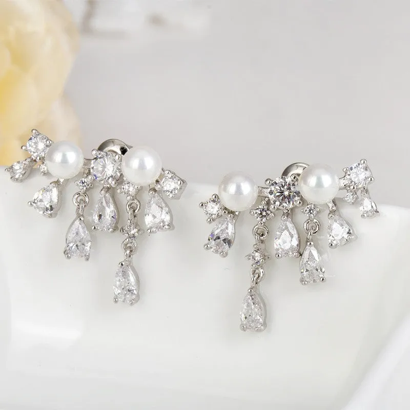 Women's CZ Crystal Earrings - Charm Bar Crystal and Pearl Stud Earrings