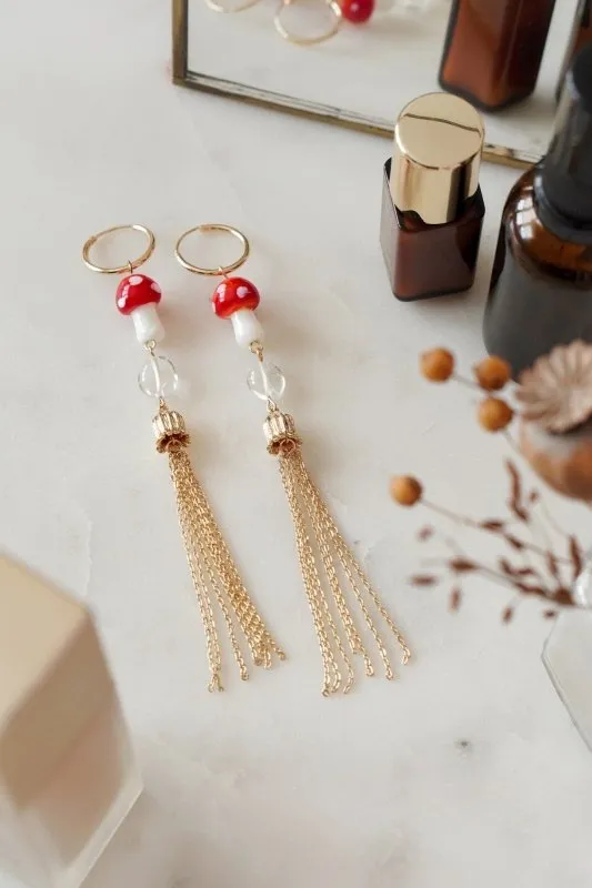 Xander Kostroma - Gold Tone XL Mushroom & Quartz Tassel Drop Hoop Earrings for Women - Enhances Healing and Style - Handcrafted Unique Jewelry - 11.5cm Length - Perfect Gift for Elegance and Balance